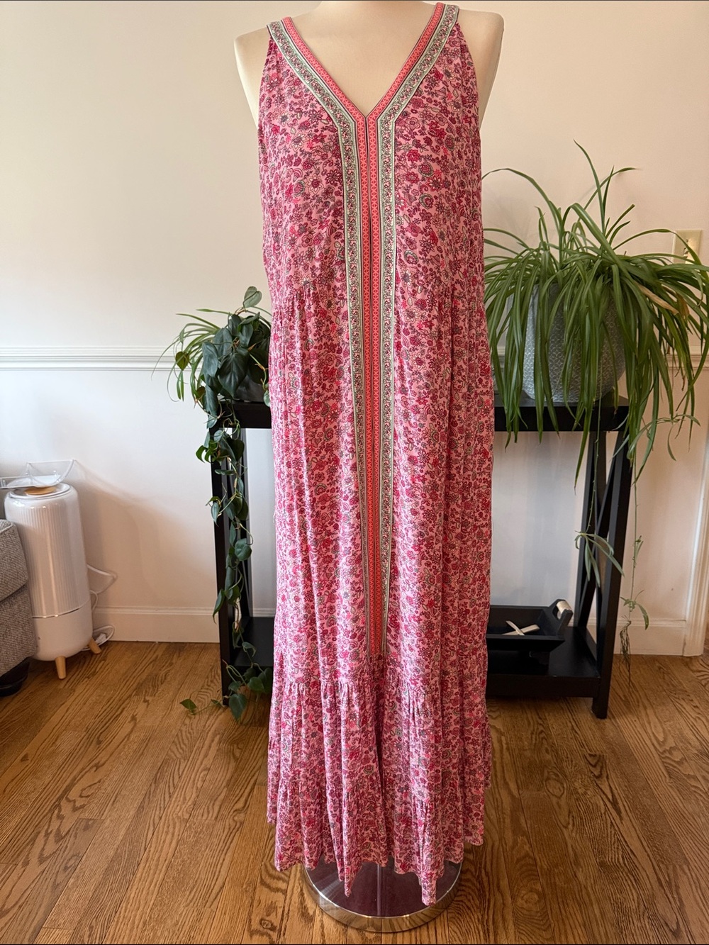 J.Jill Sleeveless Pink Floral Maxi Dress with V-Neck Trim